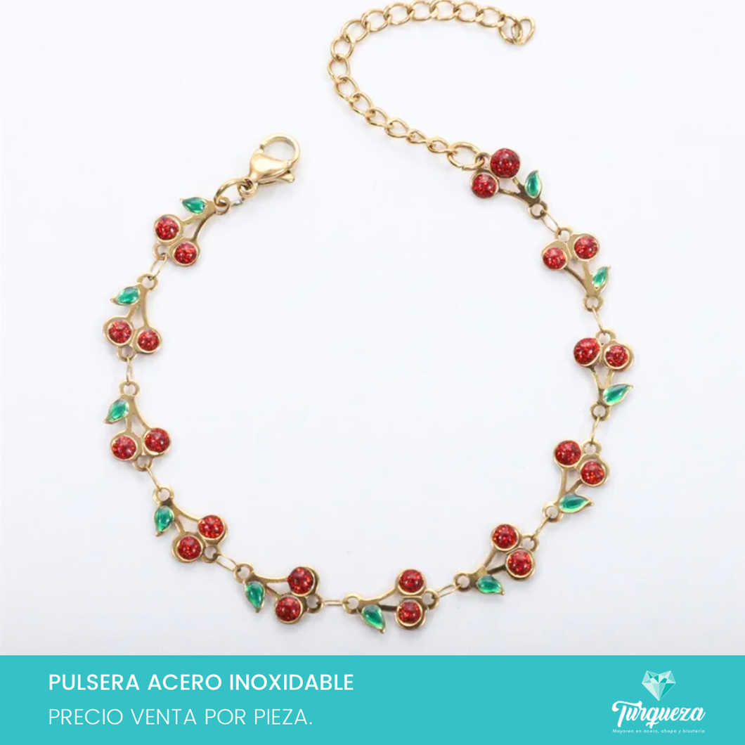 Pulsera Cerezas Rojas Dorado Acero Inoxidable