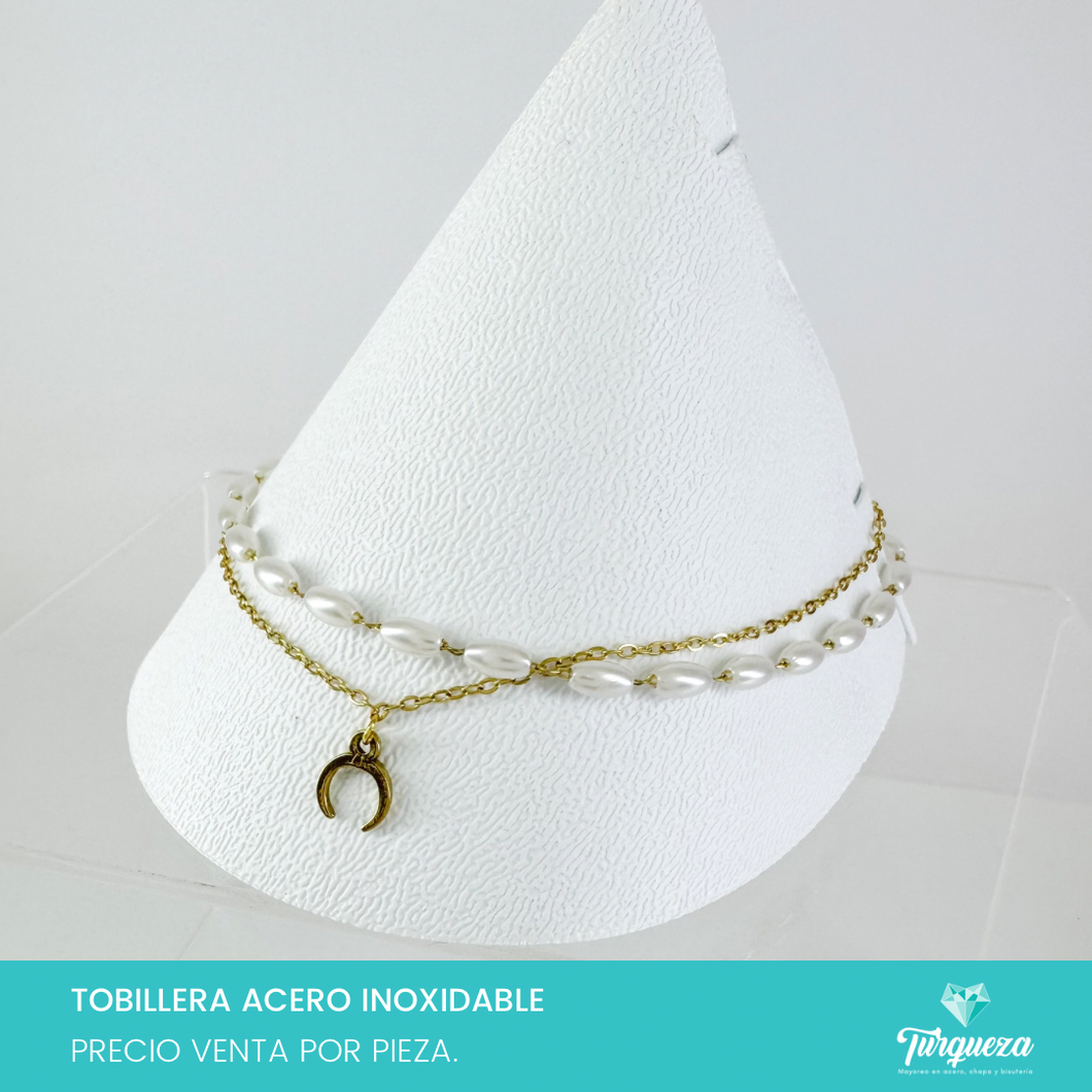 Pulsera Tobillera Luna y Perlas Dorado Acero Inoxidable
