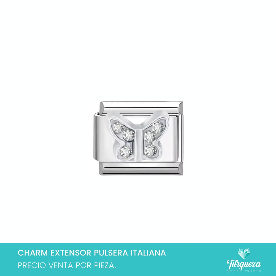 Dije Charm Mariposa Zirconias para Pulsera Tipo Italiana Plateado Acero Inoxidableo