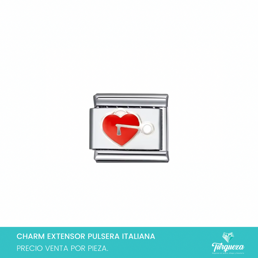 Dije Charm Corazon Llave para Pulsera Tipo Italiana Plateado Acero Inoxidable