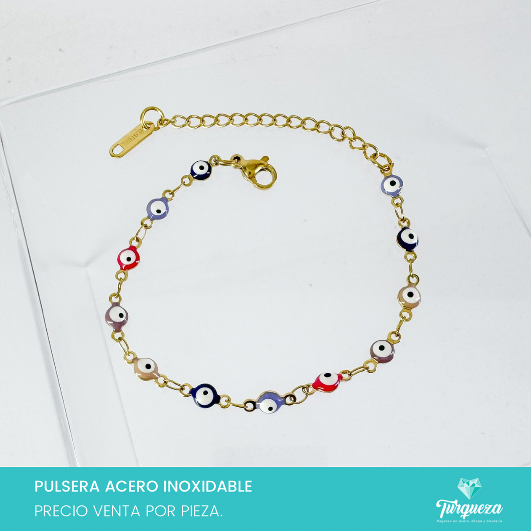 Pulsera Ojo Turco Multicolor 3 Dorada (18cm-4mm) Acero Inoxidable
