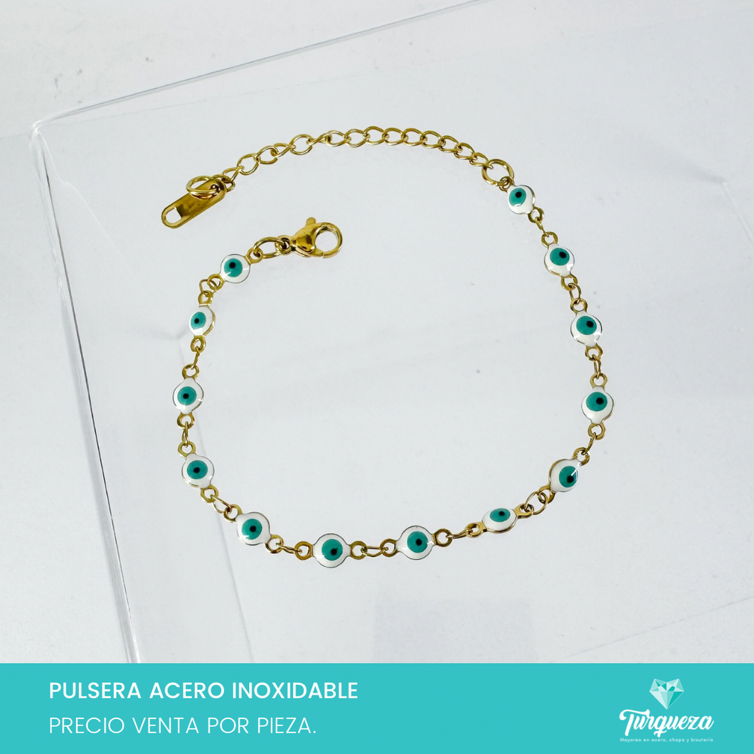 Pulsera Ojo Turco Blanco Dorado (18cm-4mm) Acero Inoxidable
