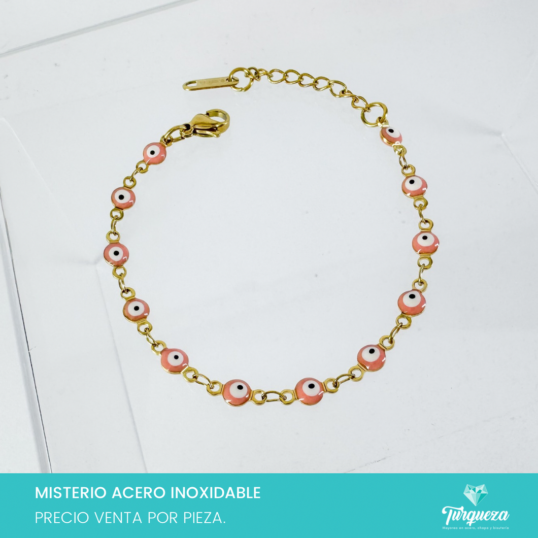 Pulsera Ojo Turco Rosa Dorado (18cm-4mm) Acero Inoxidable