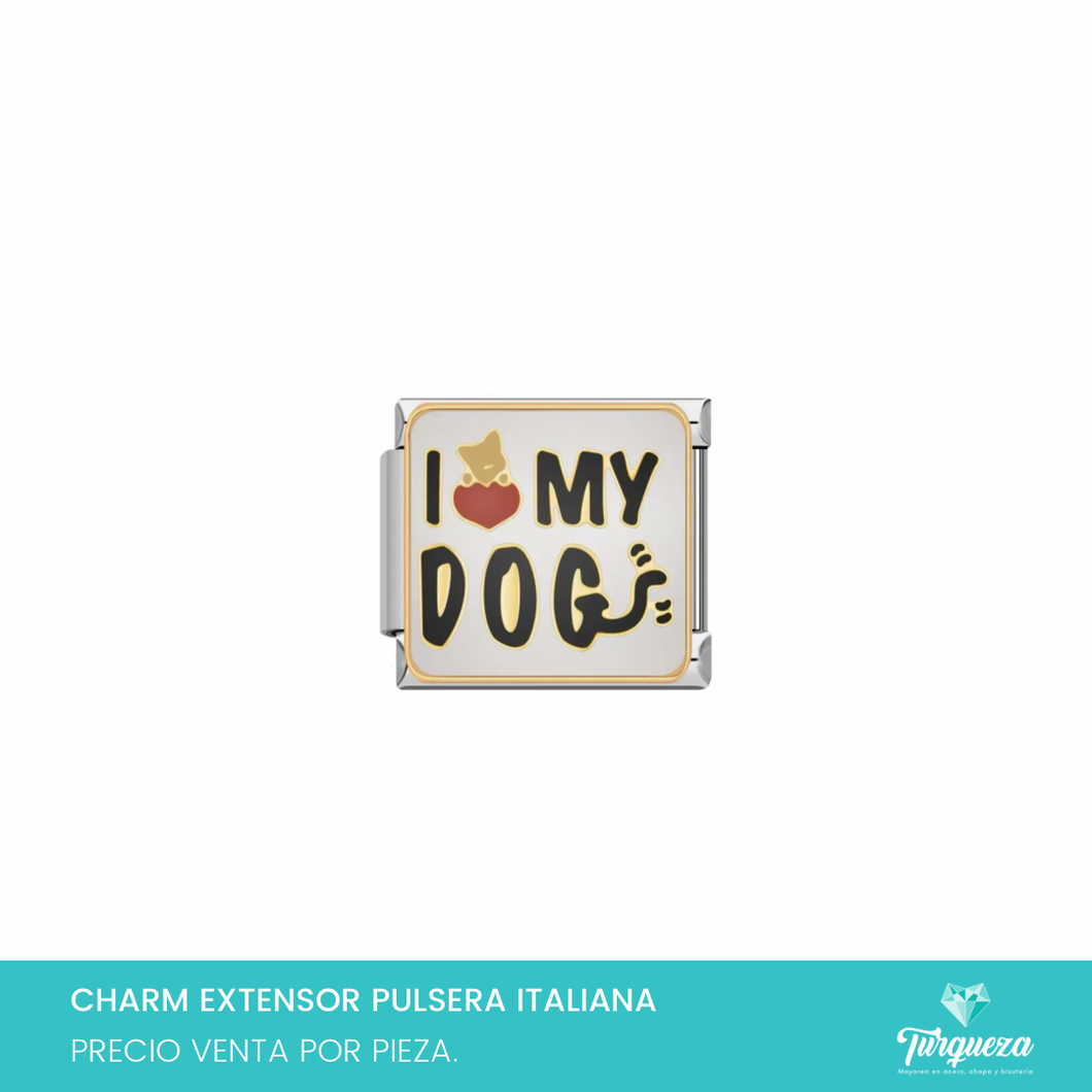 Dije Charm I love my dog para Pulsera Tipo Italiana Plateado Acero Inoxidable