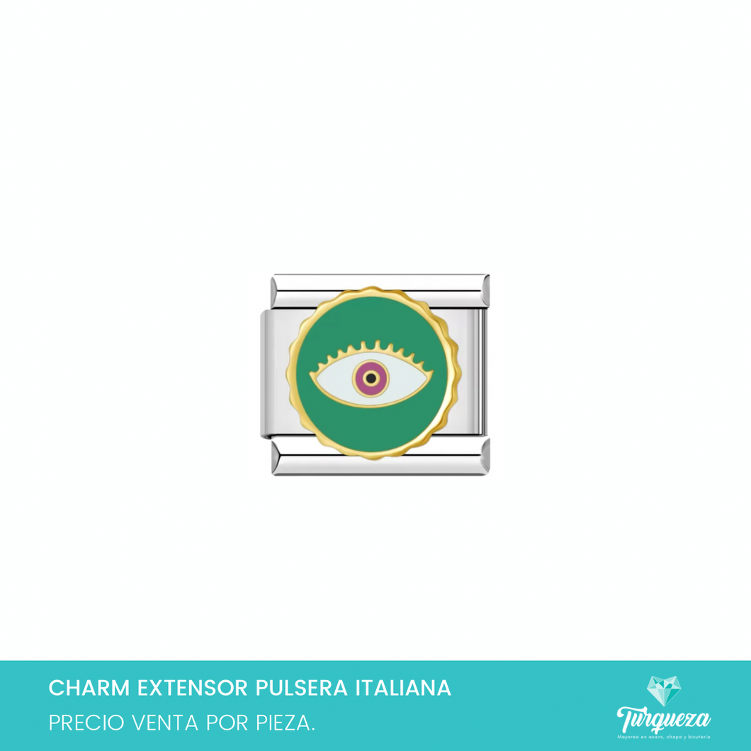 Dije Charm Ojo Verde para Pulsera Tipo Italiana Plateado Acero Inoxidable