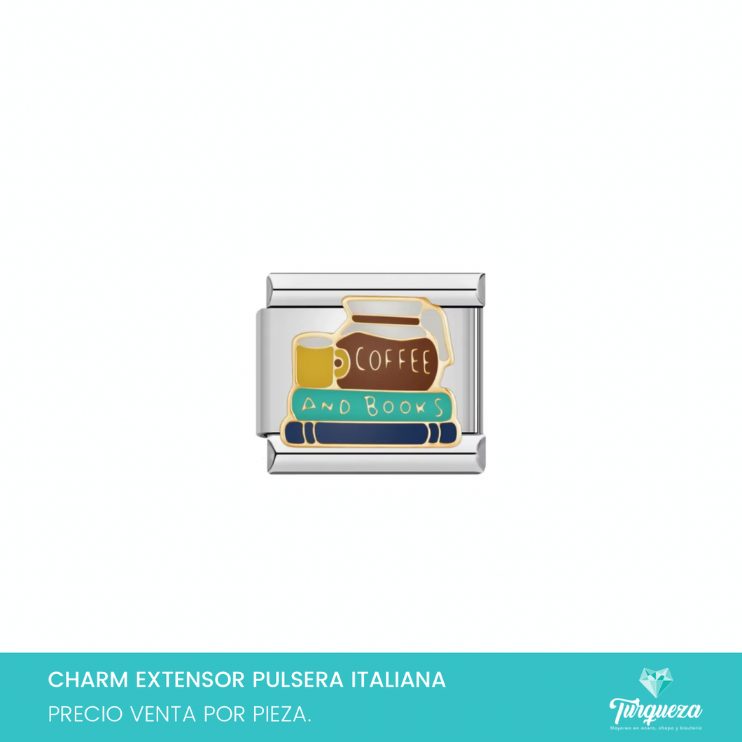 Dije Charm Coffee and books para Pulsera Tipo Italiana Plateado Acero Inoxidable