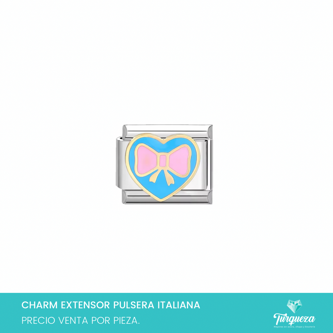 Dije Charm Corazon Moño para Pulsera Tipo Italiana Plateado Acero Inoxidable