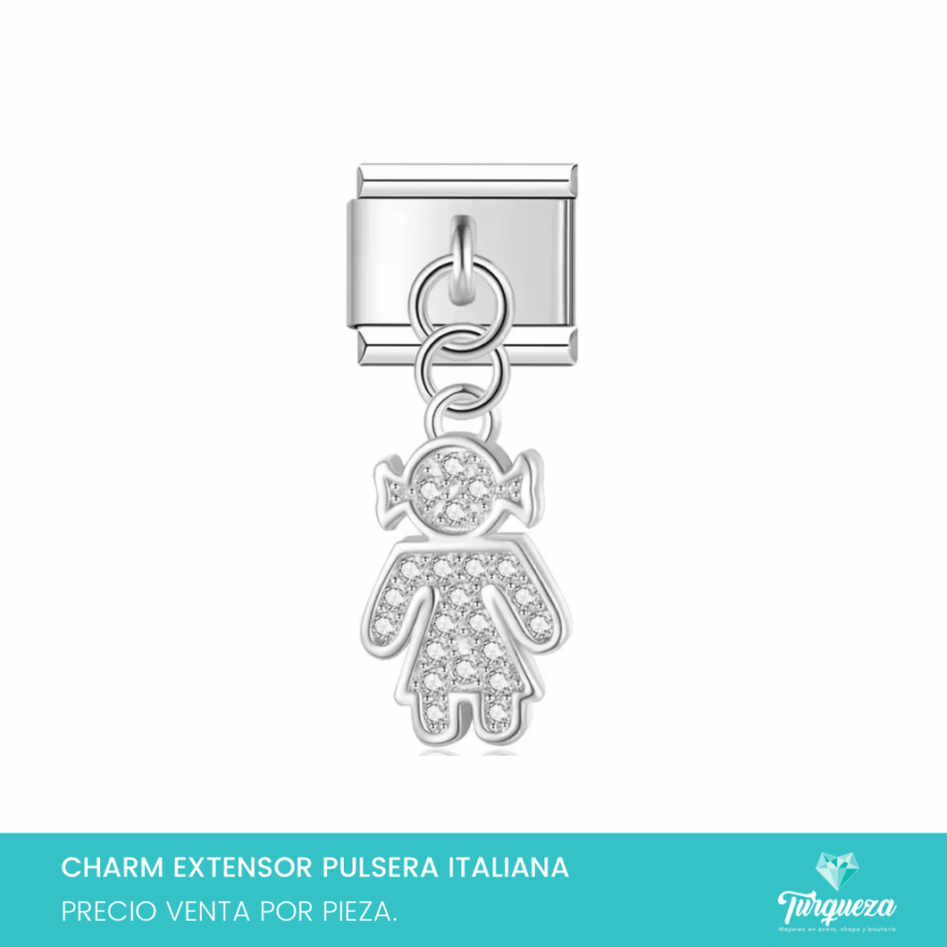 Dije Charm Niña Zirconias Colgante para Pulsera Tipo Italiana Plateado Acero Inoxidable