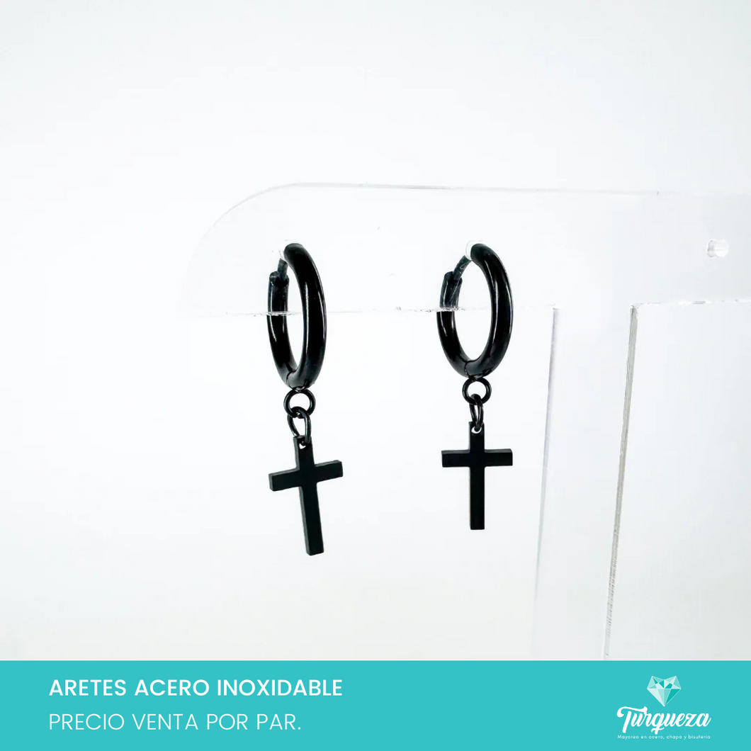 Arete Cruz Negro (Paq 2 pares) Acero Inoxidable