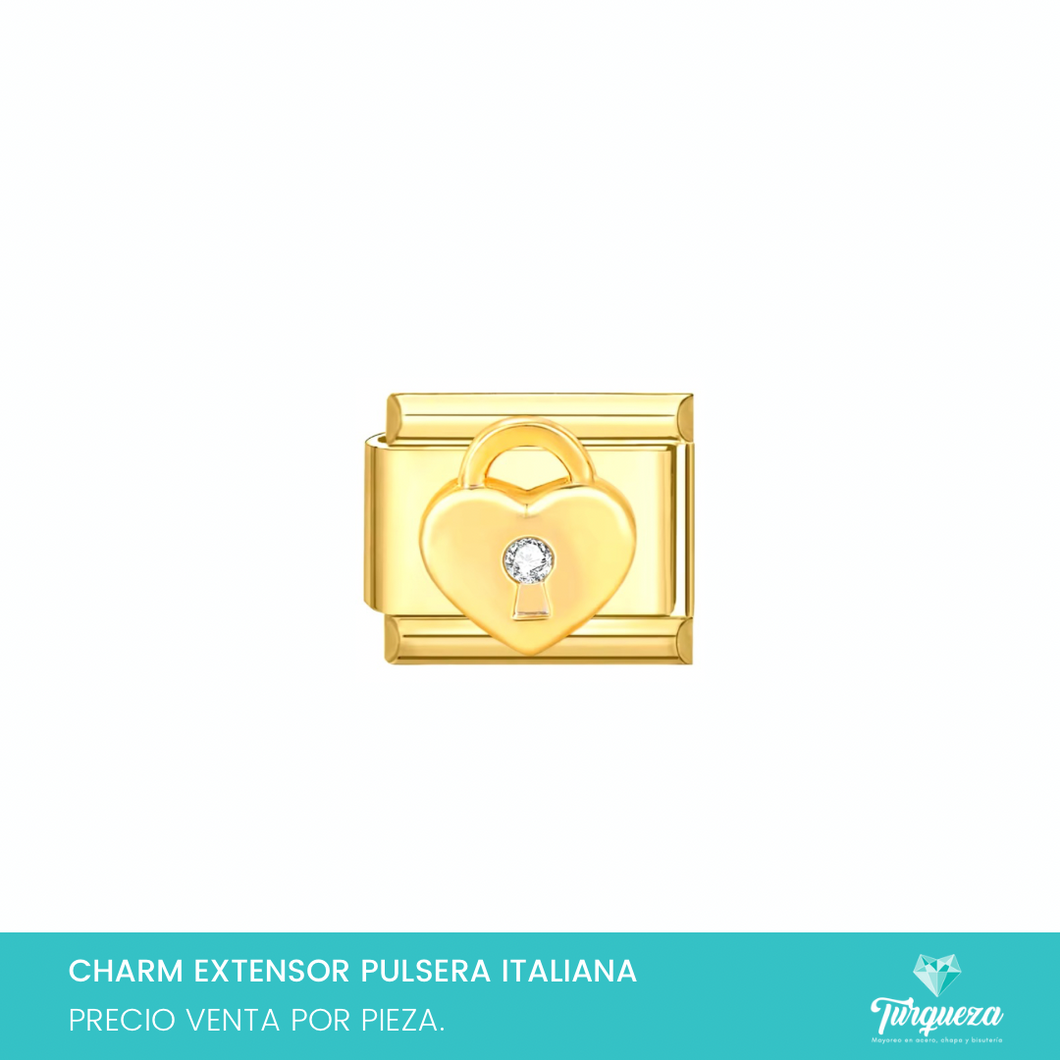 Dije Charm Corazon Candado para Pulsera Tipo Italiana Dorado Acero Inoxidable