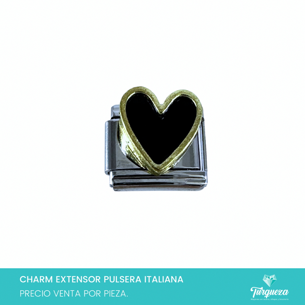 Dije Charm Corazon Negro para Pulsera Tipo Italiana Plateado Acero Inoxidable