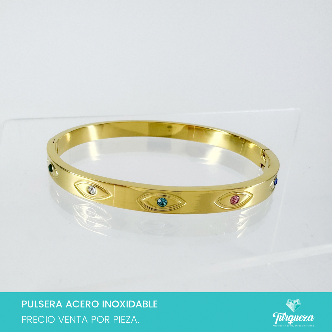 Brazalete Ojos Zirconias Dorada Acero Inoxidable