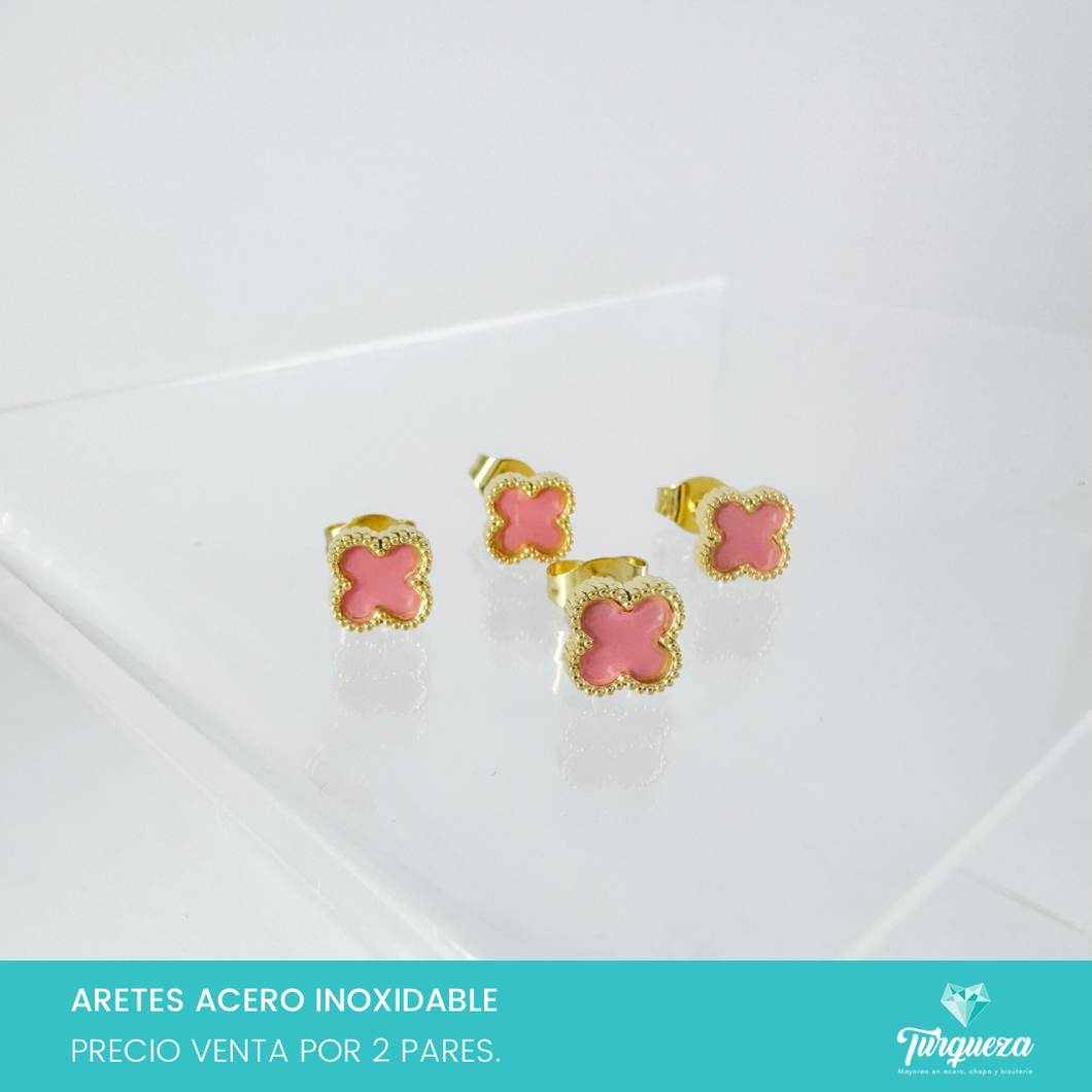 Arete VC Trebol Mini Rosa Dorado (2 pares) Acero Inoxidable