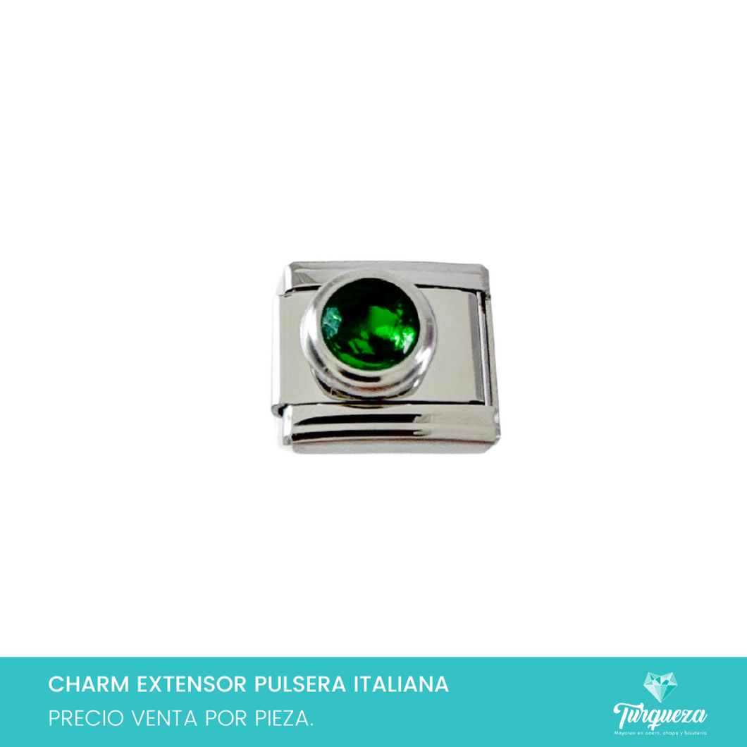 Dije Charm Zirconia Verde para Pulsera Tipo Italiana Plateado Acero Inoxidable