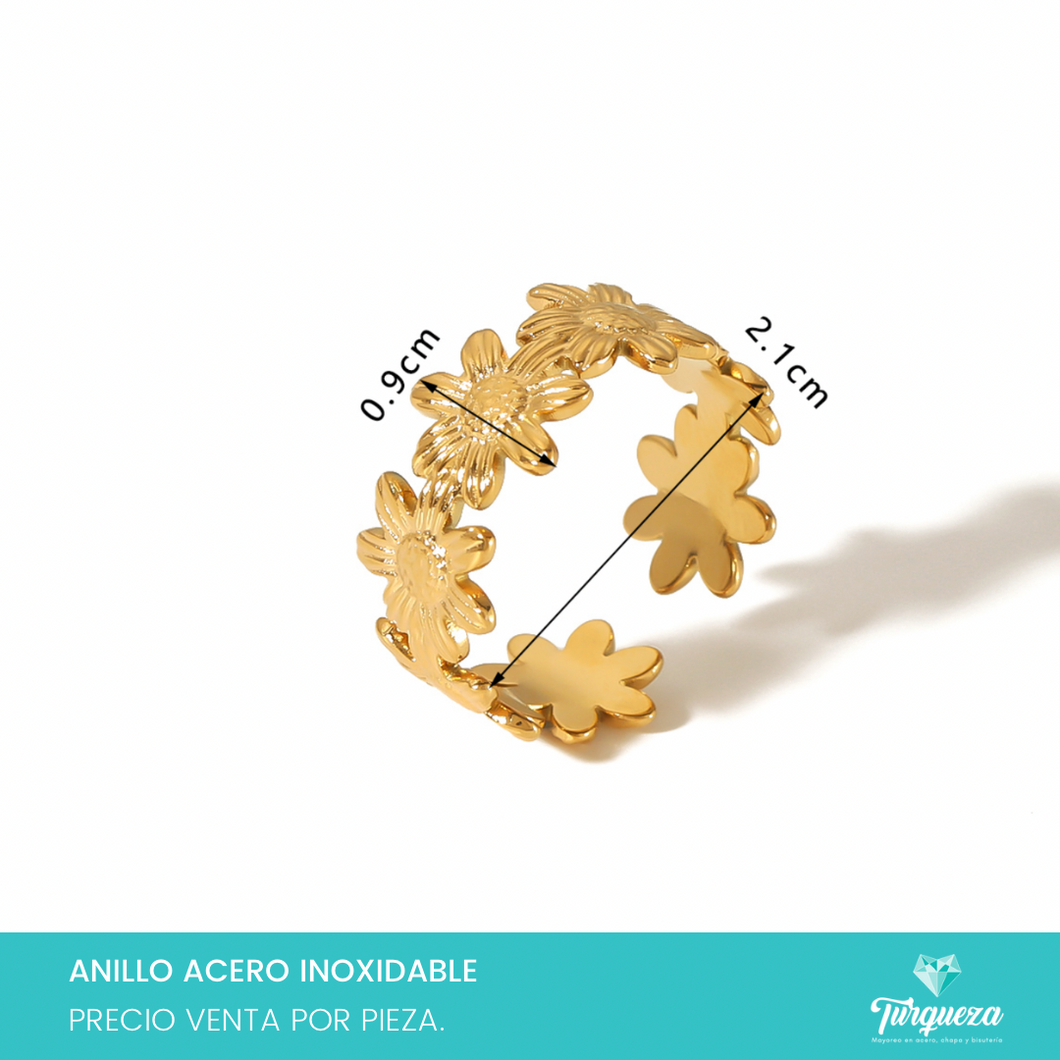 Anillo Flores Dorado Acero Inoxidable