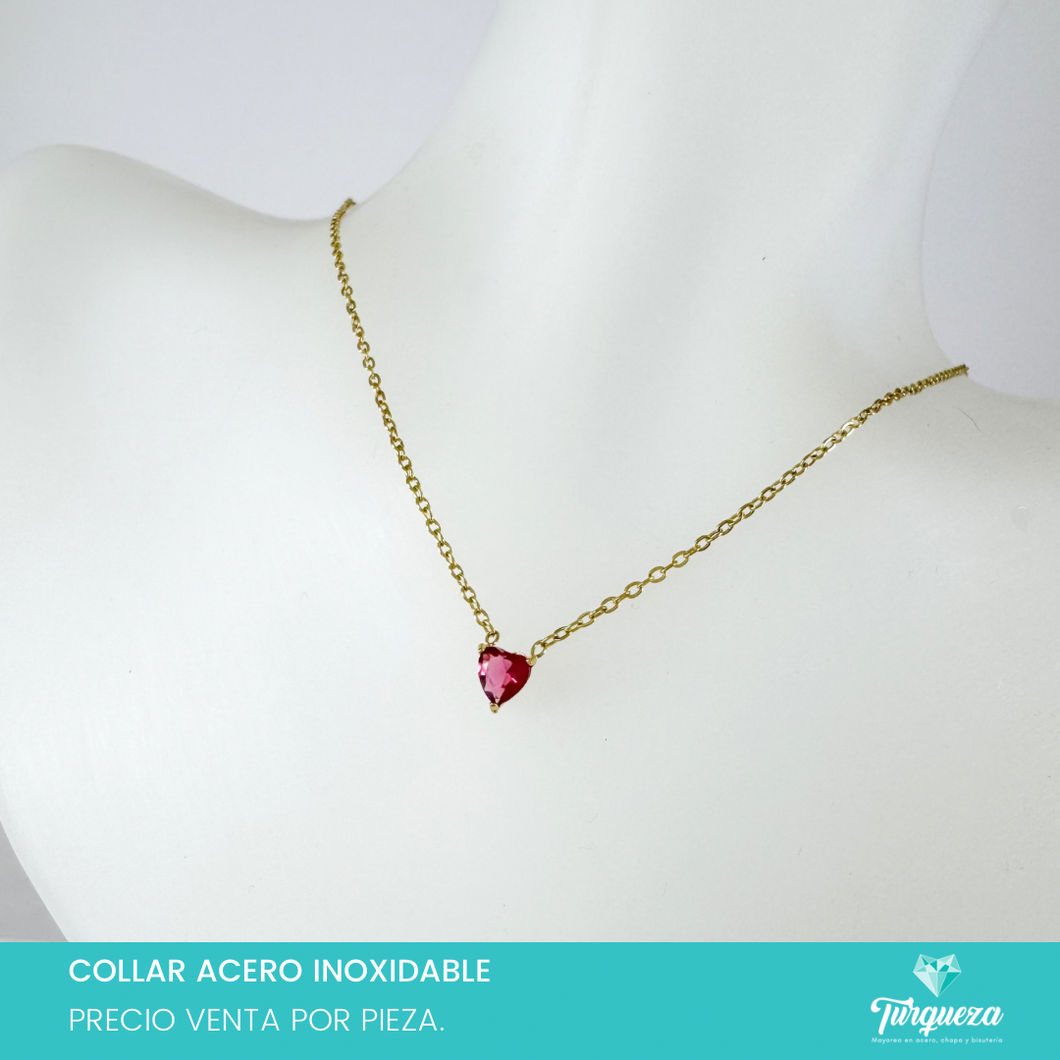 Collar Corazon Zirconia Rosa Acero Inoxidable