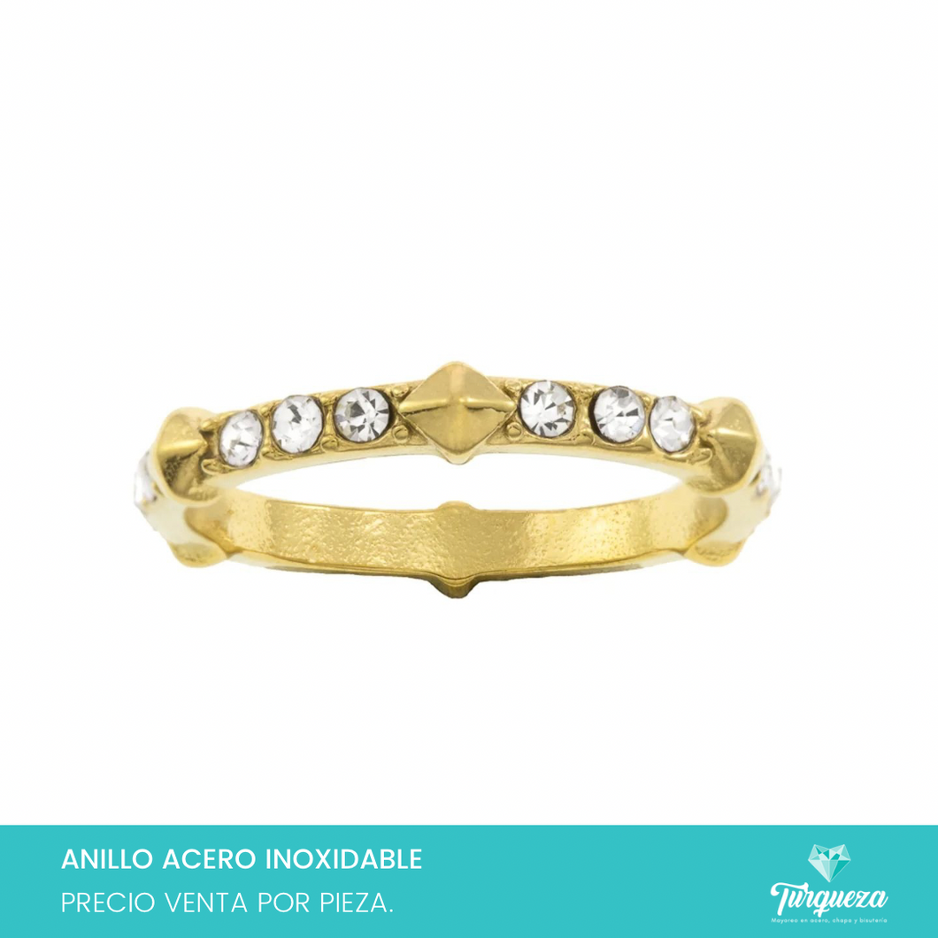 Anillo Zirconias Spikes Dorado Acero Inoxidable
