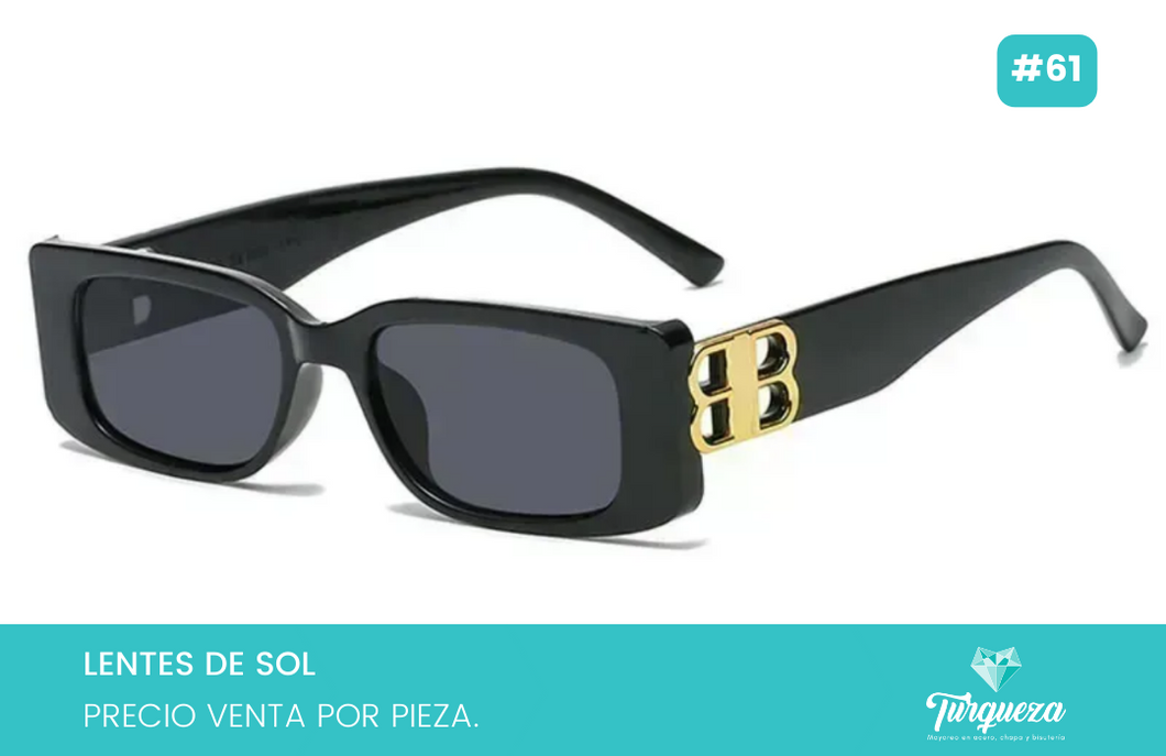 Lentes de Sol Rectangular Negro Con BB Dorado #61