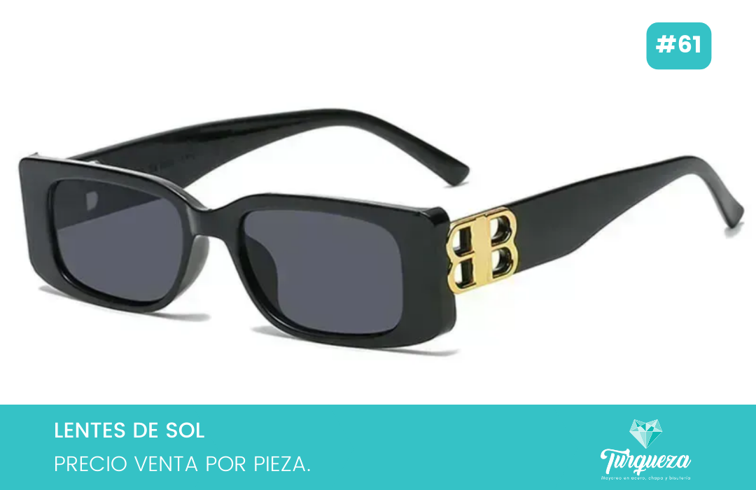 Lentes de Sol Rectangular Negro Con BB Dorado 61
