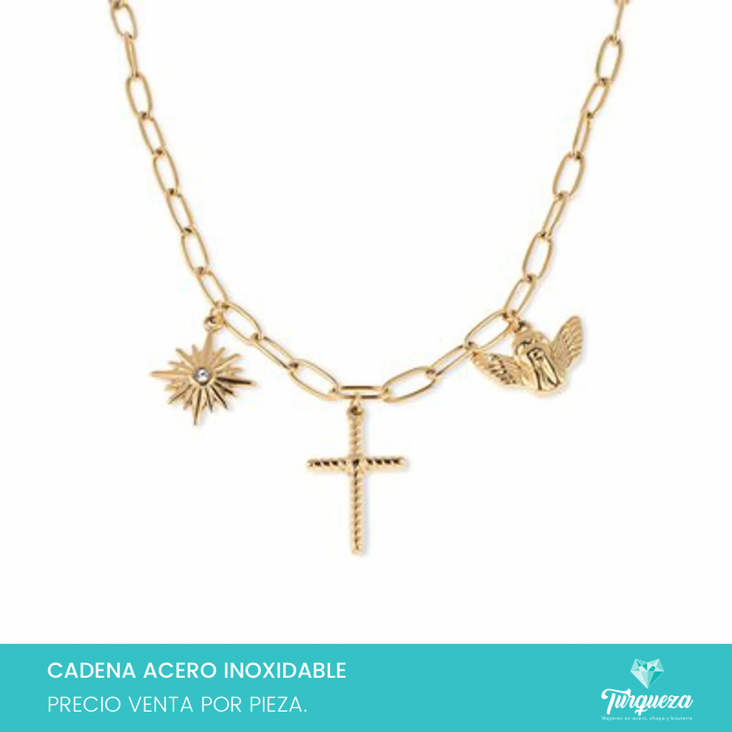 Collar Cruz y Angel Dorado Acero Inoxidable