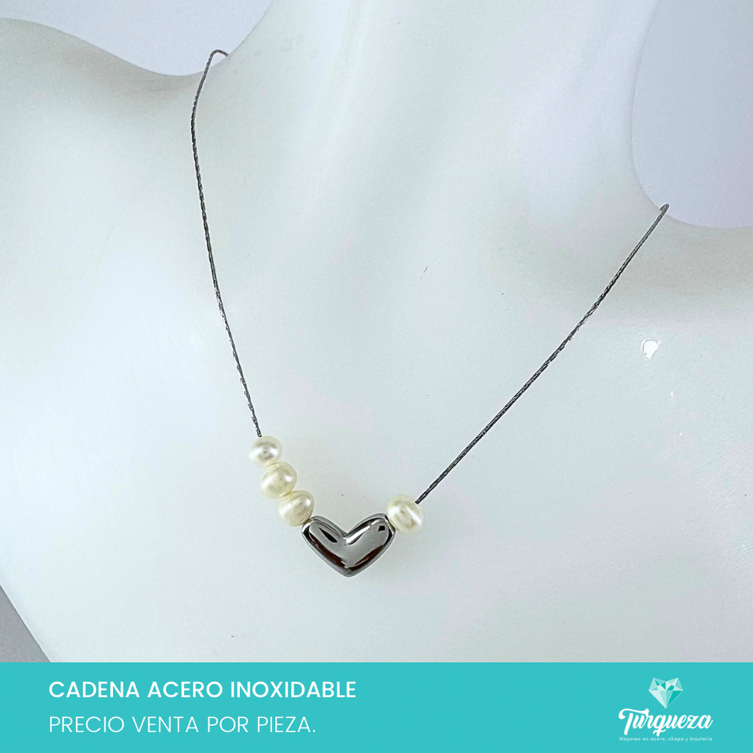 Collar Corazon Plateado Perlas Acero Inoxidable