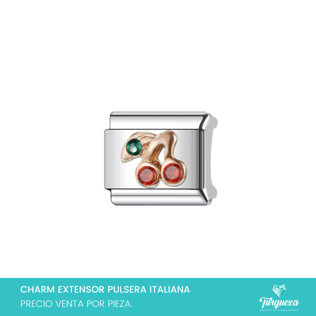 Dije Charm Cerezas Zirconias para Pulsera Tipo Italiana Plateado Acero Inoxidable