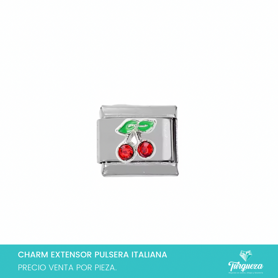 Dije Charm Cerezas Zirconia para Pulsera Tipo Italiana Plateado Acero Inoxidable