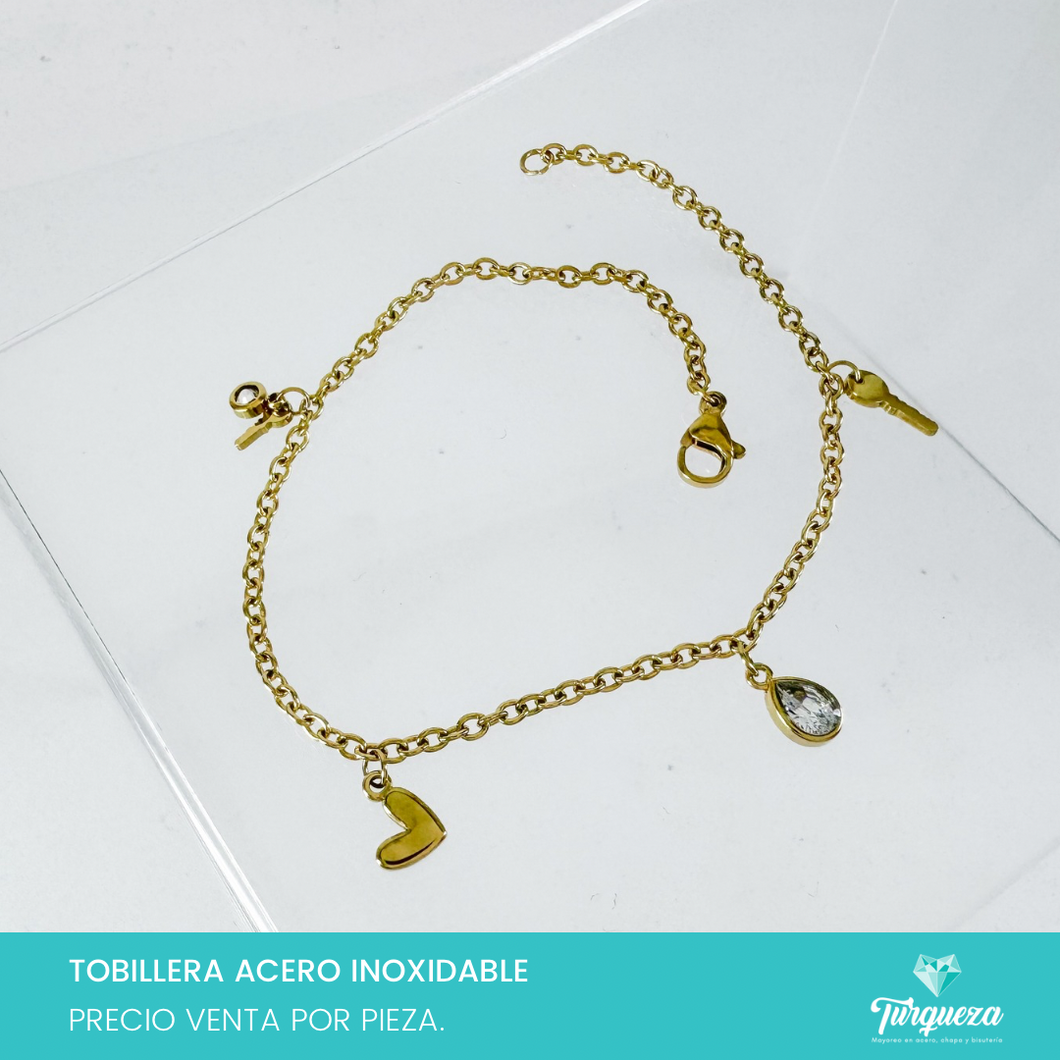 Pulsera Tobillera Llave Zirconia Dorado Acero Inoxidable