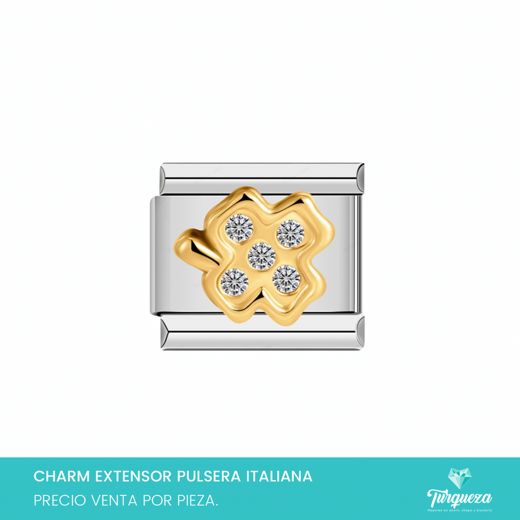 Dije Charm Trebol Zirconias para Pulsera Tipo Italiana Plateado Acero Inoxidable