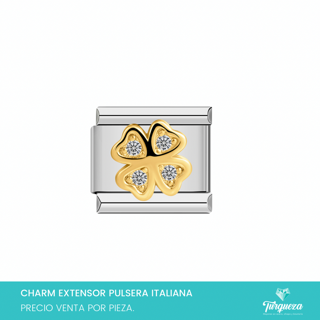 Dije Charm Trebol Zirconias para Pulsera Tipo Italiana Plateado Acero Inoxidable