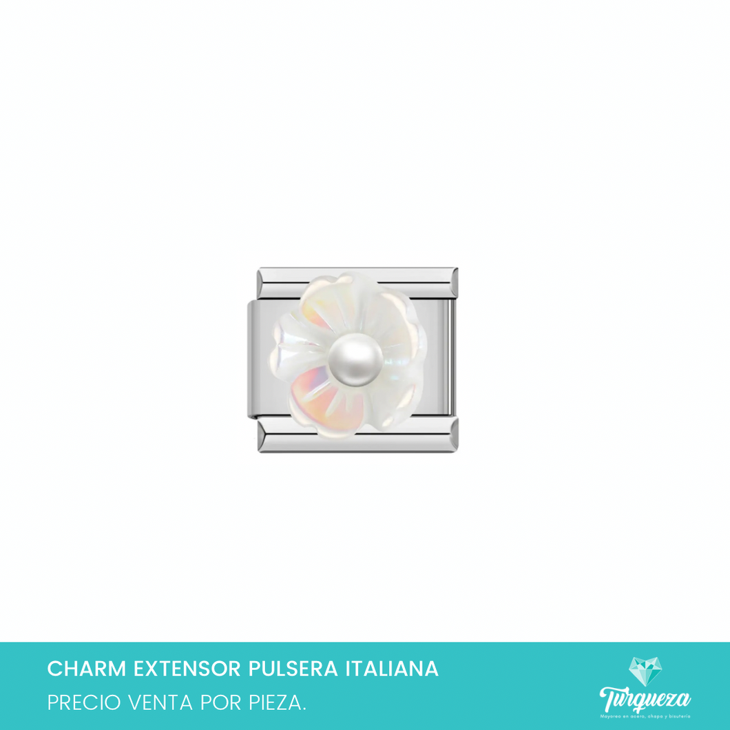 Dije Charm Flor Blanca 3D para Pulsera Tipo Italiana Plateado Acero Inoxidable