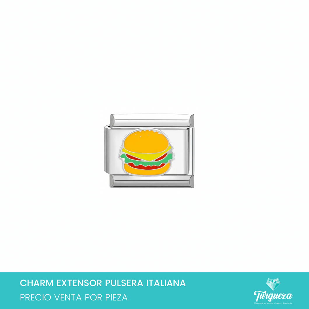 Dije Charm Hamburguesa para Pulsera Tipo Italiana Plateado Acero Inoxidable