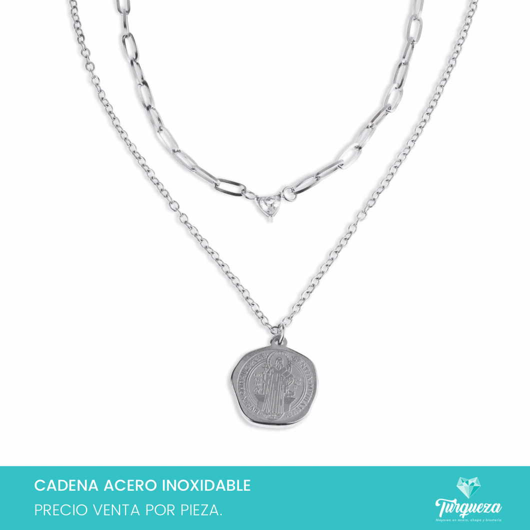 Collar Doble San Benito Plateado Acero Inoxidable