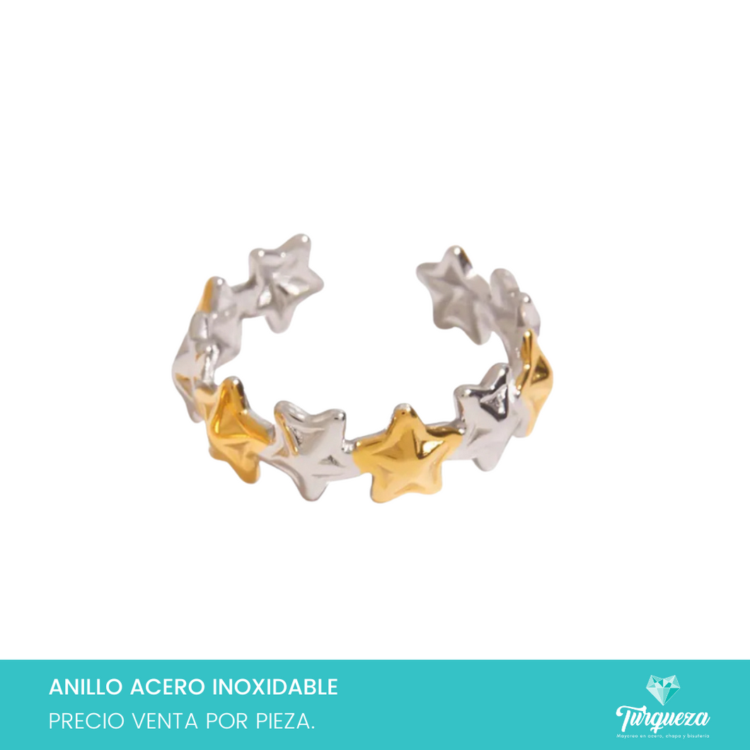 Anillo Estrellas Bitono Acero Inoxidable