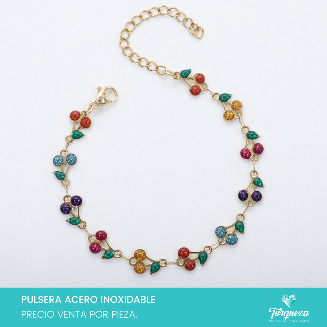 Pulsera Cerezas Colores Dorado Acero Inoxidable