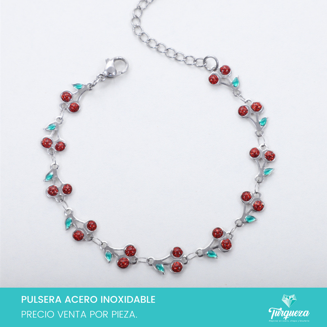 Pulsera Cerezas Rojas Plateado Acero Inoxidable