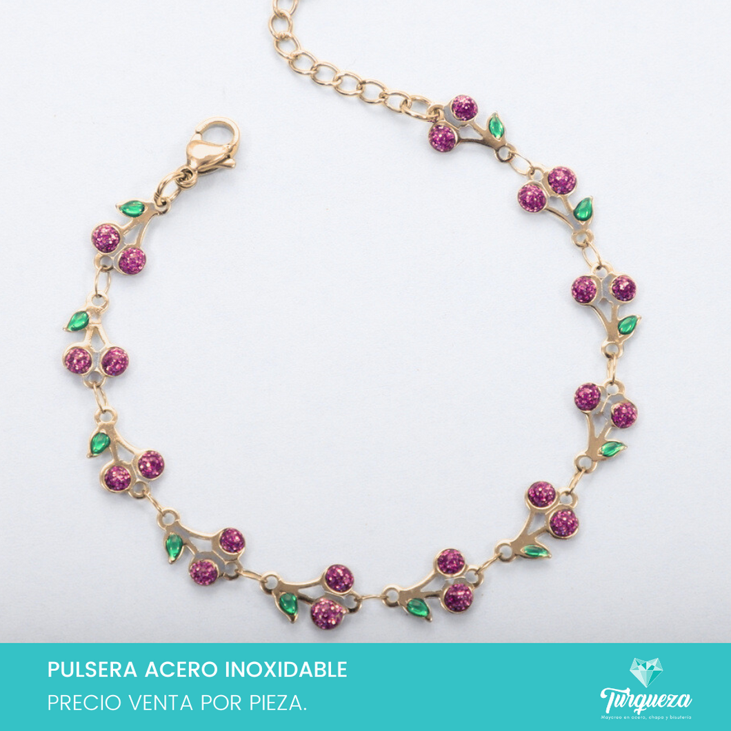 Pulsera Cerezas Moradas Dorado Acero Inoxidable