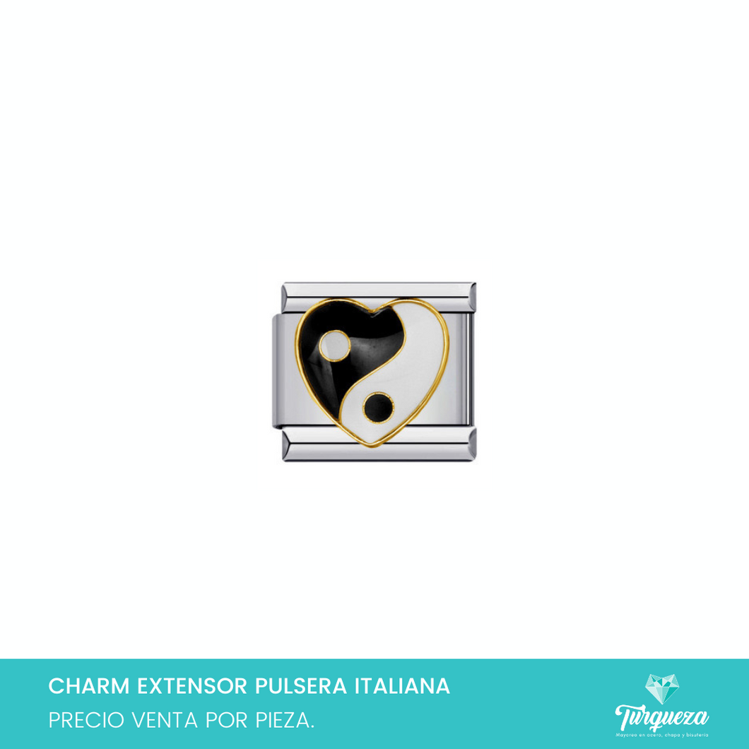 Dije Charm Corazon Yinyang para Pulsera Tipo Italiana Plateado Acero Inoxidable