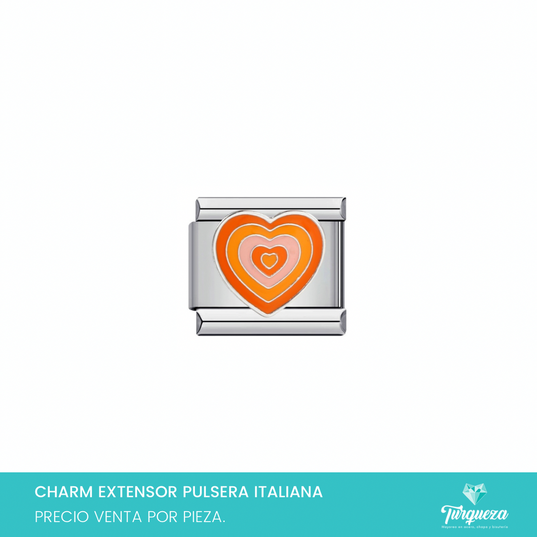 Dije Charm Corazon Naranja para Pulsera Tipo Italiana Plateado Acero Inoxidable