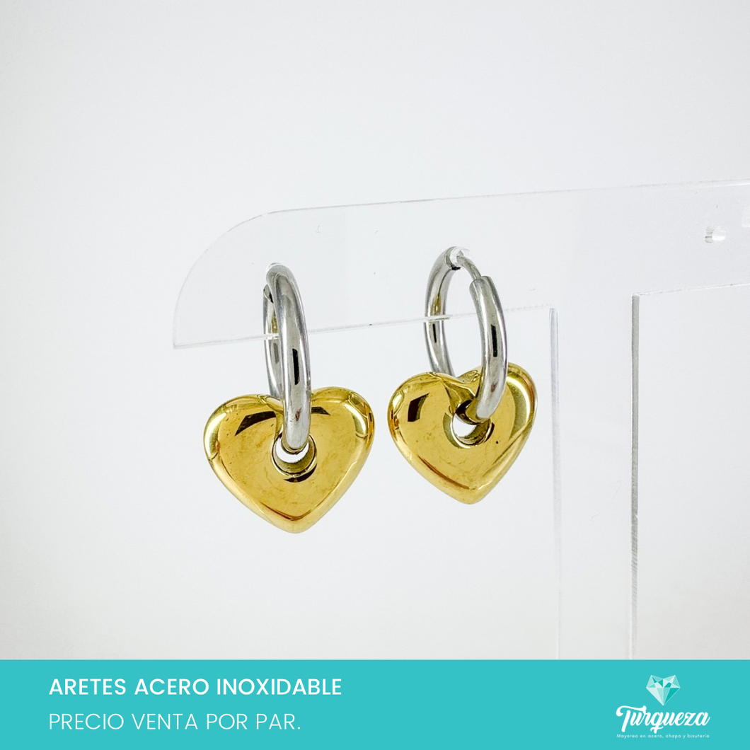 Arete Arracada Corazon Bitono 3cm Acero Inoxidable