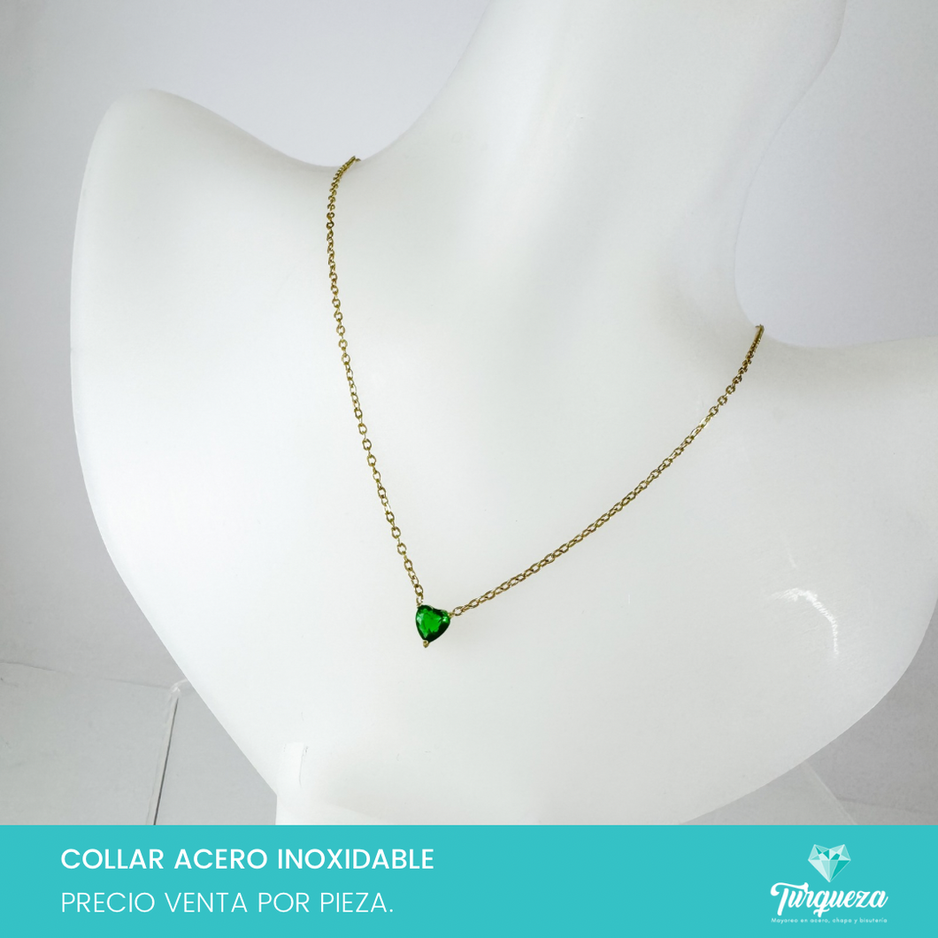 Collar Corazon Zirconia Verde Acero Inoxidable