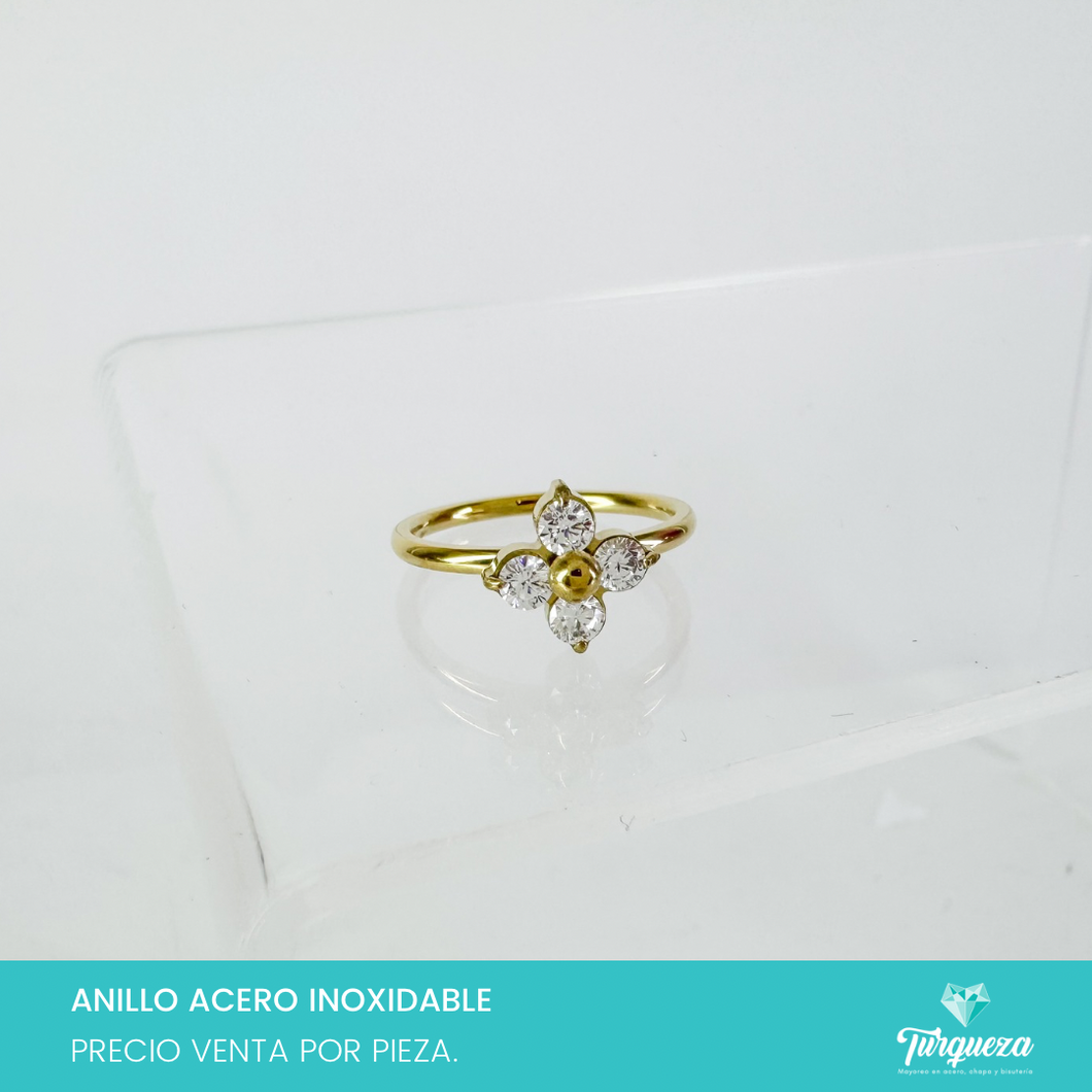 Anillo Zirconias Flor Dorado Acero Inoxidable