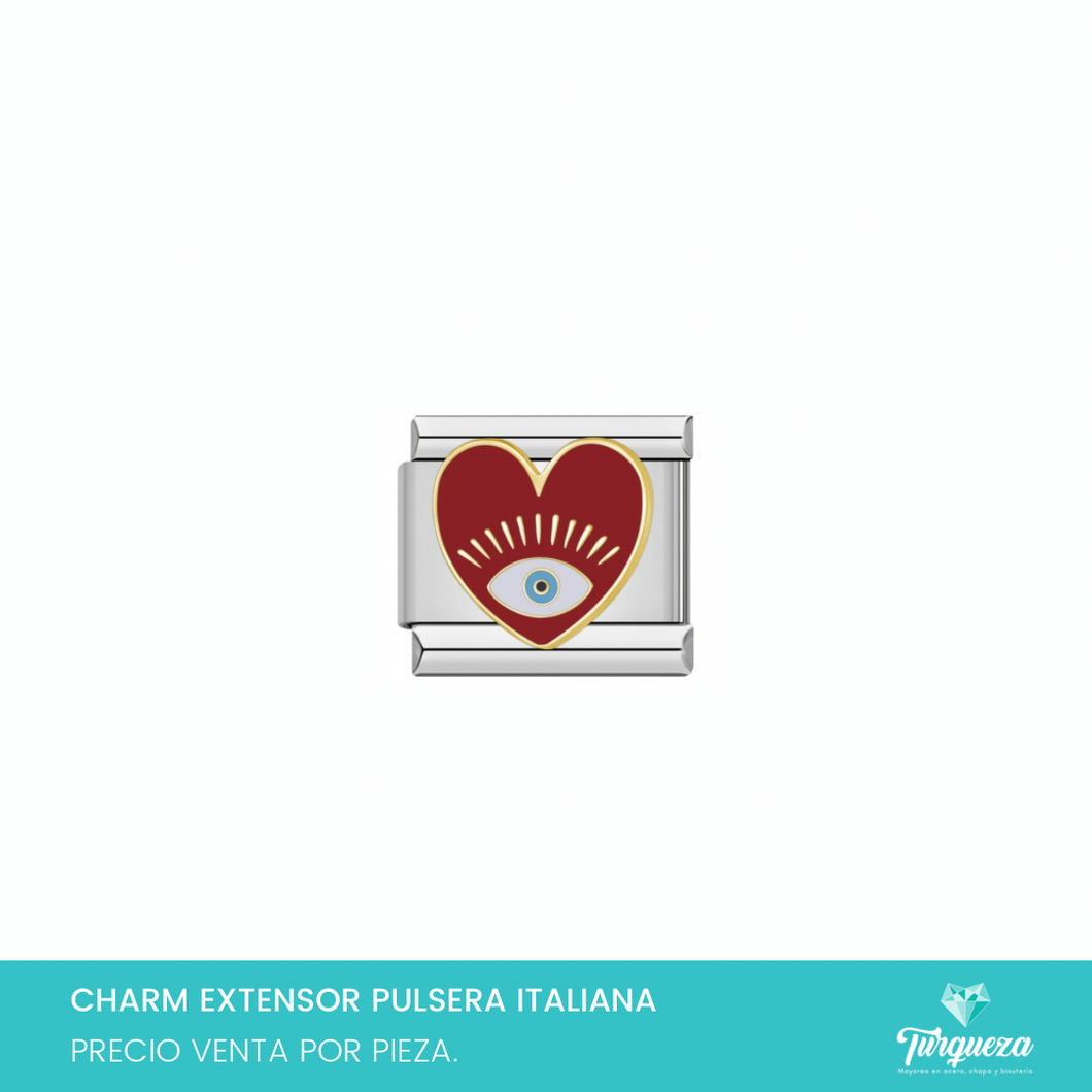 Dije Charm Corazon Ojo Rojo para Pulsera Tipo Italiana Plateado Acero Inoxidable