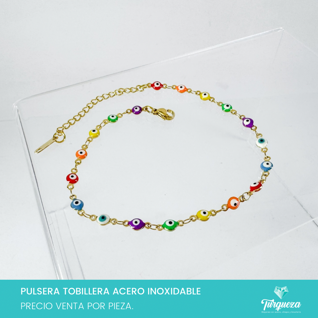 Pulsera Tobillera Ojos Multicolor Dorado Acero Inoxidable