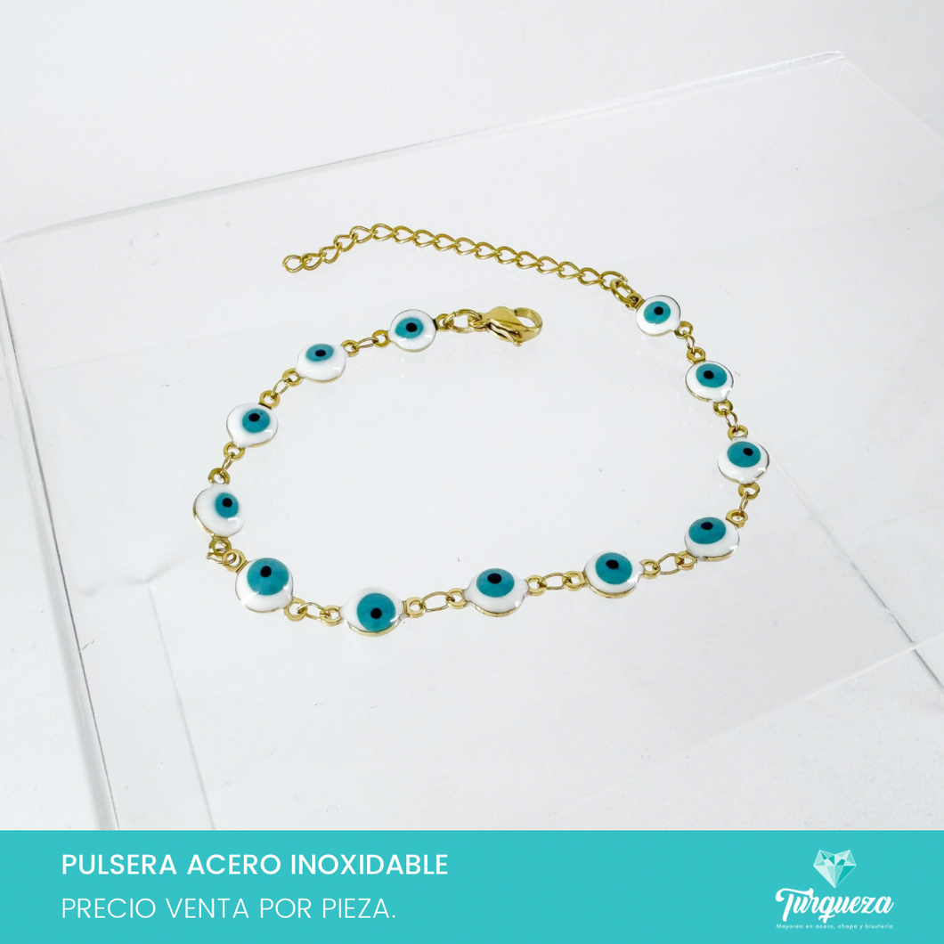 Pulsera Ojo Turco Blanco Dorada (18cm-6mm) Acero Inoxidable