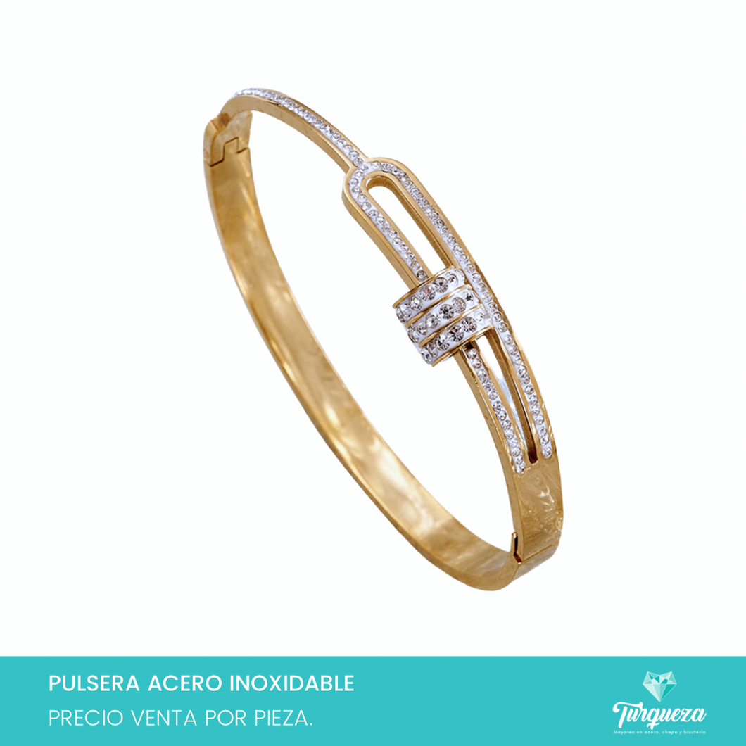 Pulsera Brazalete Broche Zirconias Dorado Acero Inoxidable