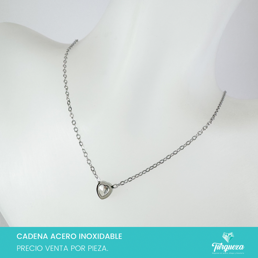 Collar Corazon Zirconia Plateado Acero Inoxidable