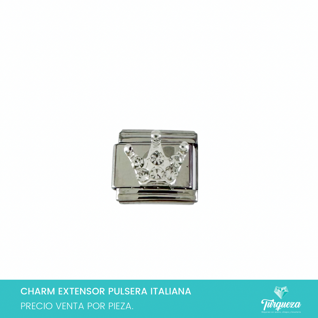 Dije Charm Corona Zirconias para Pulsera Tipo Italiana Plateado Acero Inoxidable