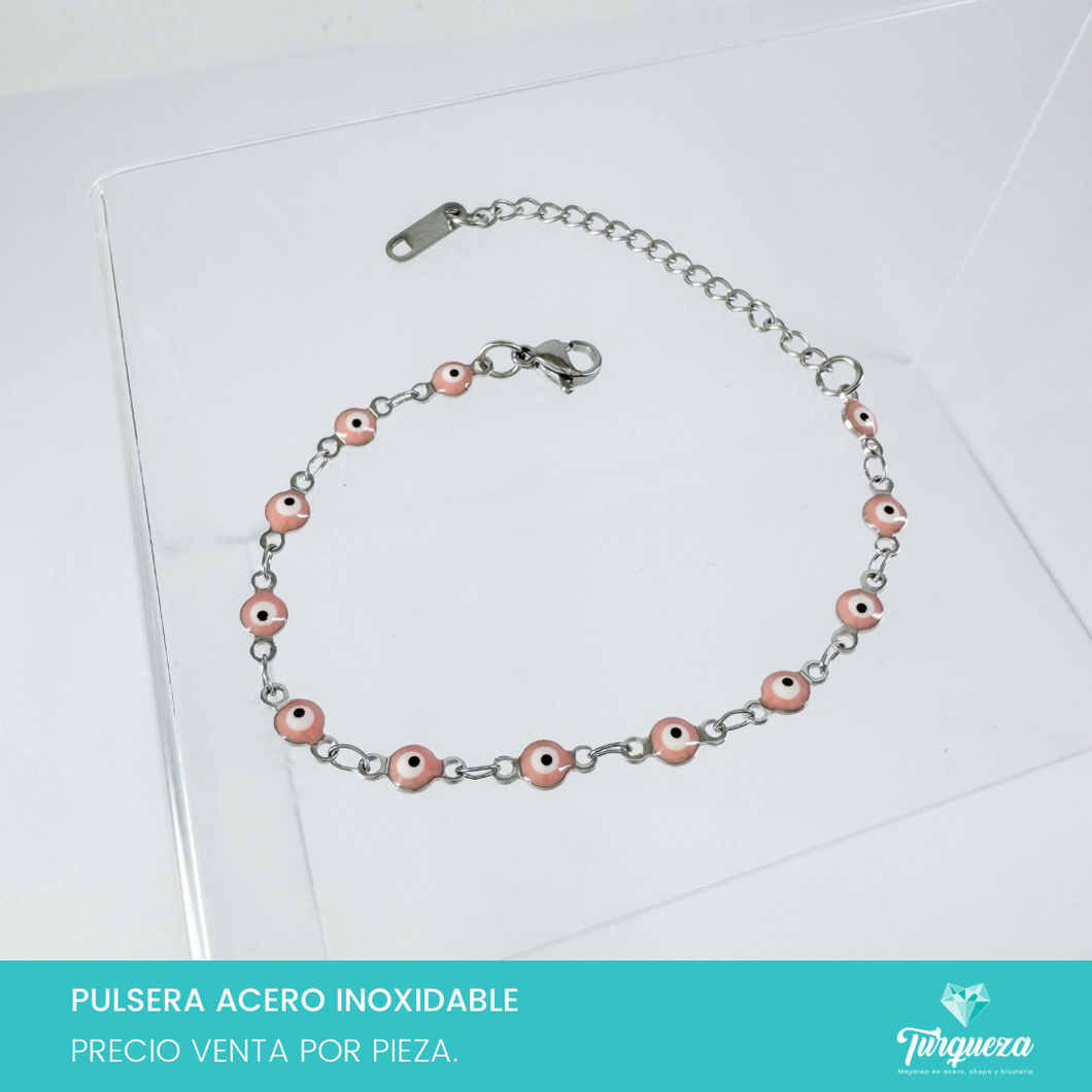Pulsera Ojo Turco Rosa Plateado (18cm-4mm) Acero Inoxidable