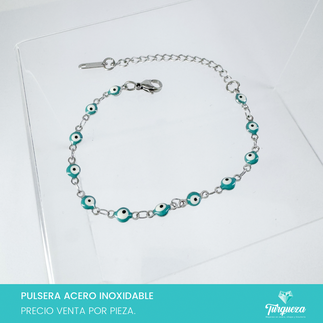 Pulsera Ojo Turco Turqueza Plateado (18cm-4mm) Acero Inoxidable